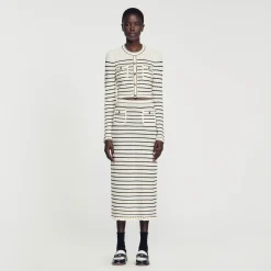 Ensembles|Jupes & Shorts*SANDRO Jupe Midi En Maille Rayée Blanc / Noir