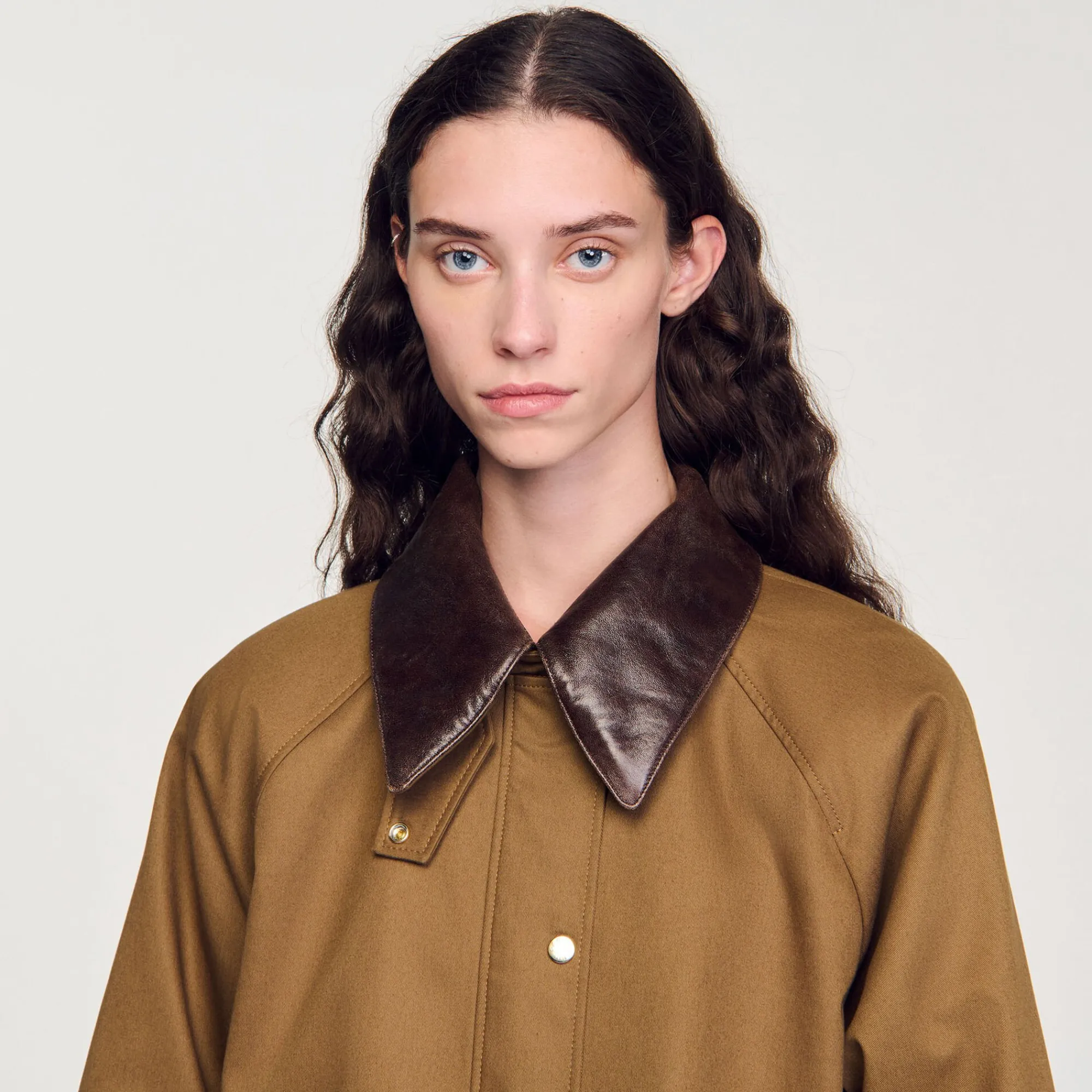 Manteaux*SANDRO Manteau Col En Cuir Glaise