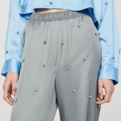 Ensembles|Pantalons & Jeans*SANDRO Pantalon En Lin Orné De Strass Gris
