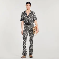 Ensembles|Pantalons & Jeans*SANDRO Pantalon Jacquard Fleur Ecru / Noir