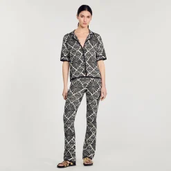 Ensembles|Pantalons & Jeans*SANDRO Pantalon Jacquard Fleur Ecru / Noir