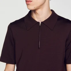 T-Shirts & Polos|Pulls & Gilets*SANDRO Polo En Maille à Col Zippé Marron Foncé