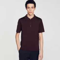 T-Shirts & Polos|Pulls & Gilets*SANDRO Polo En Maille à Col Zippé Marron Foncé