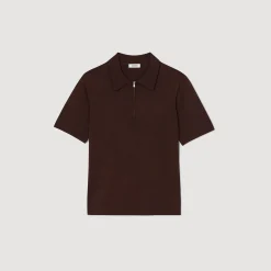 T-Shirts & Polos|Pulls & Gilets*SANDRO Polo En Maille à Col Zippé Marron Foncé