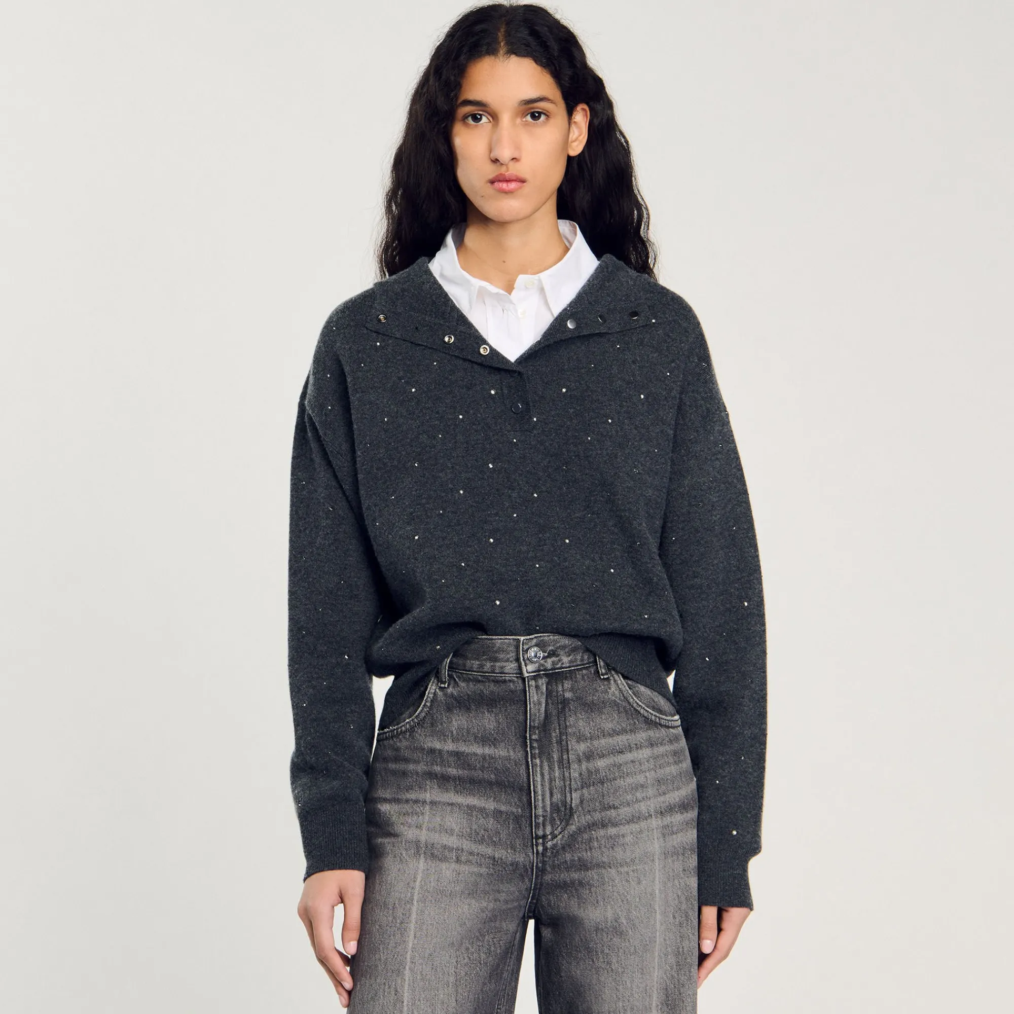Pulls & Cardigans*SANDRO Pull à Capuche Strassé Gris Foncé
