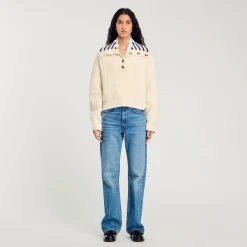 Pulls & Cardigans*SANDRO Pull à Col Vareuse Rayé Ecru