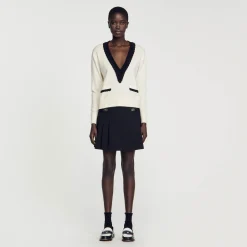 Pulls & Cardigans*SANDRO Pull Col V Bicolore En Laine Ecru