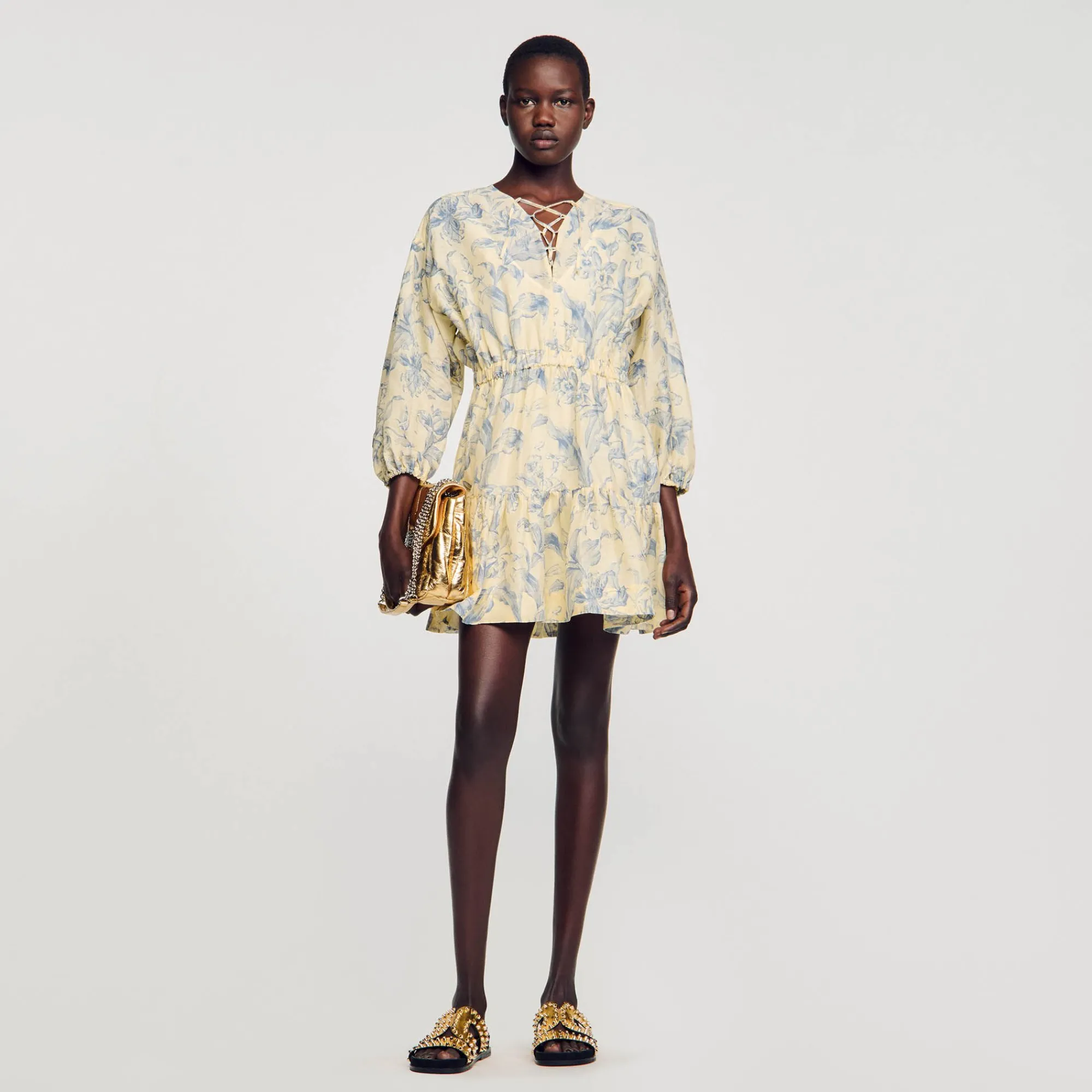 Robes*SANDRO Robe à Imprimé Fleuri Ecru / Bleu