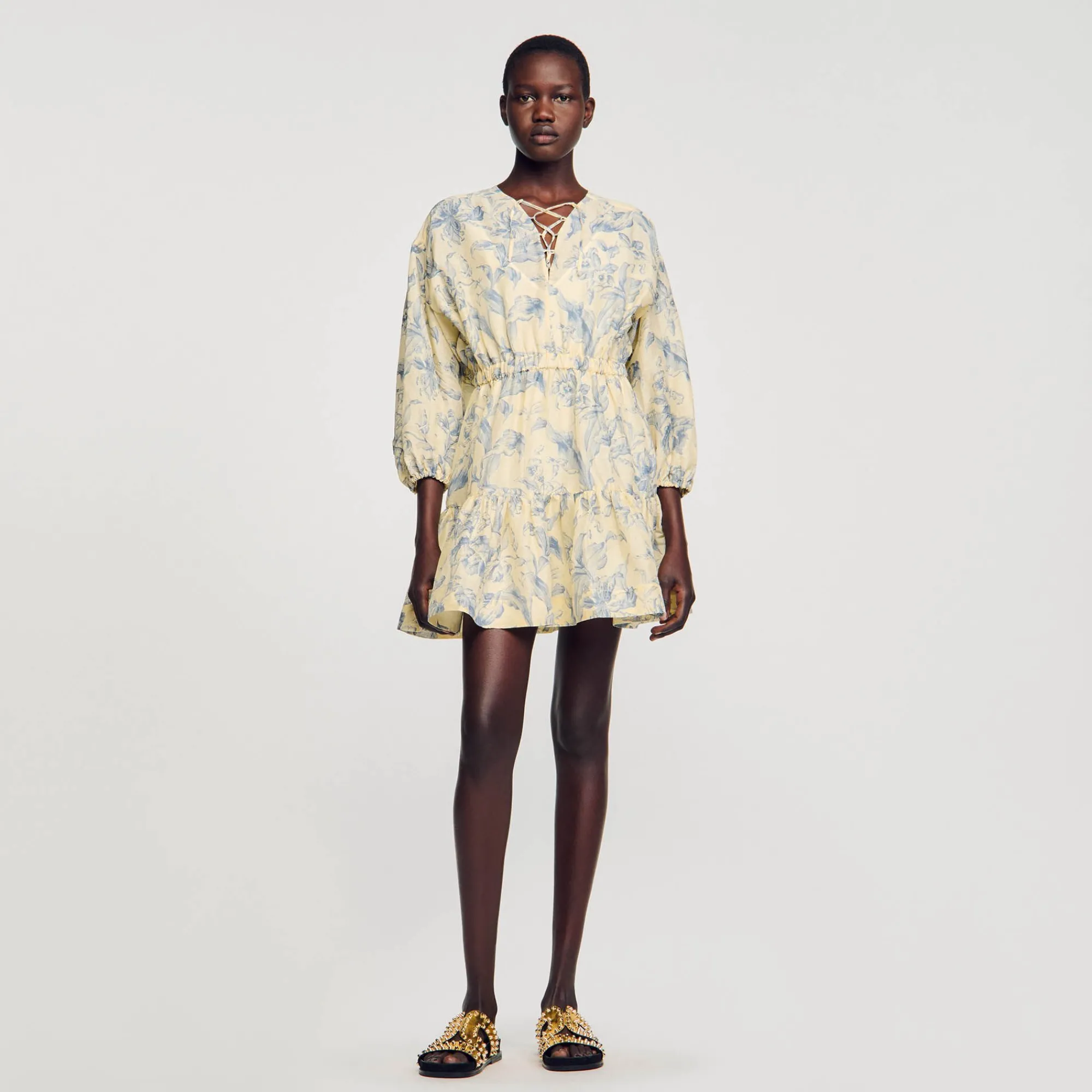 Robes*SANDRO Robe à Imprimé Fleuri Ecru / Bleu