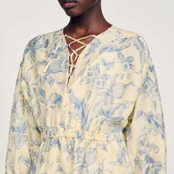 Robes*SANDRO Robe à Imprimé Fleuri Ecru / Bleu
