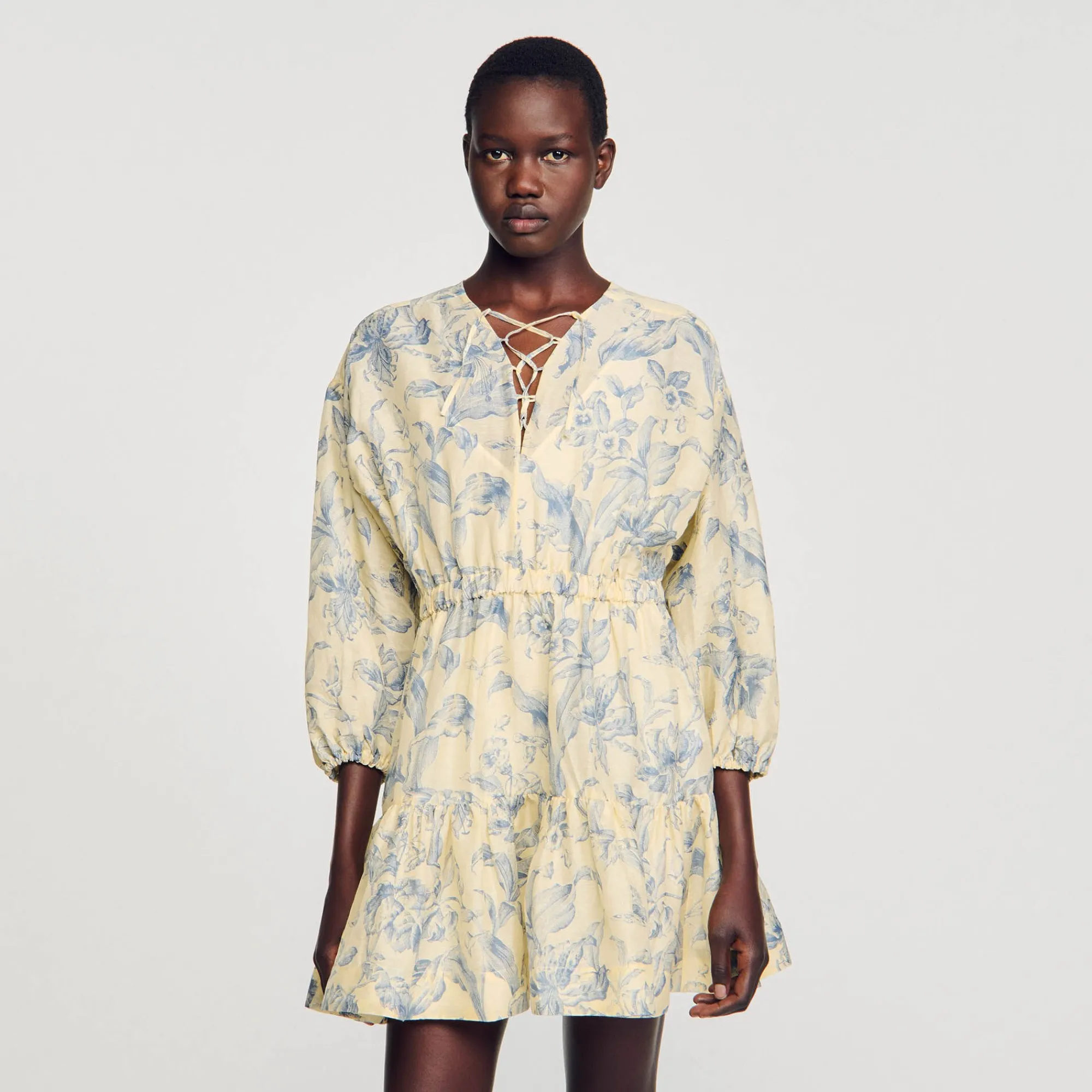 Robes*SANDRO Robe à Imprimé Fleuri Ecru / Bleu