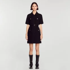 Robes*SANDRO Robe à Manches Courtes Bi Matières Noir