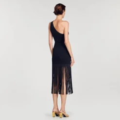 Robes*SANDRO Robe Asymétrique à Franges Noir