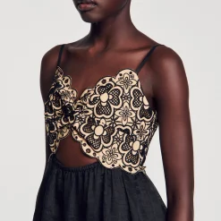 Robes*SANDRO Robe Bicolore Brodée Beige / Noir