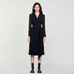 Robes*SANDRO Robe Bi-matière à Manches Longues Noir