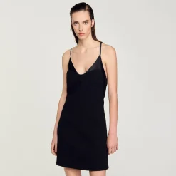 Robes*SANDRO Robe Courte à Bretelles Strassées Noir