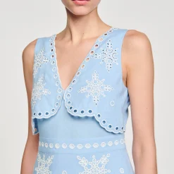 Robes*SANDRO Robe Courte à Broderies Anglaises Bleu Ciel