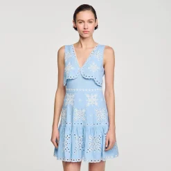 Robes*SANDRO Robe Courte à Broderies Anglaises Bleu Ciel