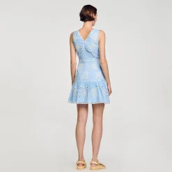 Robes*SANDRO Robe Courte à Broderies Anglaises Bleu Ciel