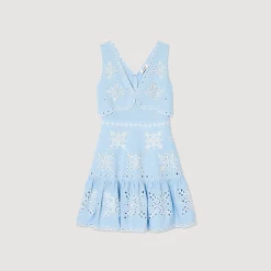 Robes*SANDRO Robe Courte à Broderies Anglaises Bleu Ciel
