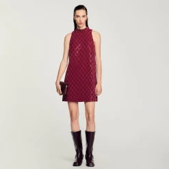 Robes*SANDRO Robe Courte à Studs Losanges Bordeaux