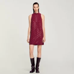 Robes*SANDRO Robe Courte à Studs Losanges Bordeaux