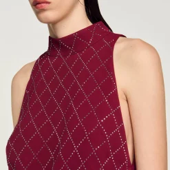 Robes*SANDRO Robe Courte à Studs Losanges Bordeaux