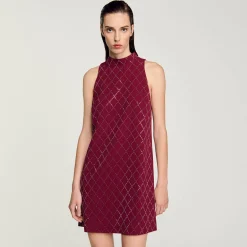 Robes*SANDRO Robe Courte à Studs Losanges Bordeaux