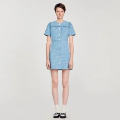 Robes*SANDRO Robe Courte Boutonnée En Tweed Bleu