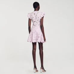 Robes*SANDRO Robe Courte En Guipure Marguerites Parme / Ecru