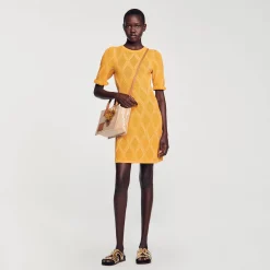 Robes*SANDRO Robe Courte En Maille Ocre