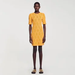 Robes*SANDRO Robe Courte En Maille Ocre