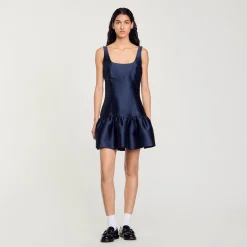 Robes*SANDRO Robe Courte En Satin Bleu Nuit