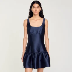 Robes*SANDRO Robe Courte En Satin Bleu Nuit