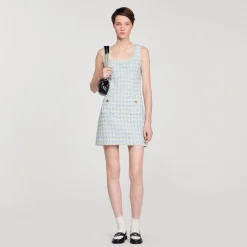 Robes*SANDRO Robe Courte En Tweed Bleu / Argent