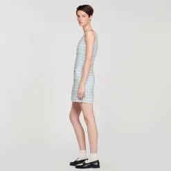 Robes*SANDRO Robe Courte En Tweed Bleu / Argent