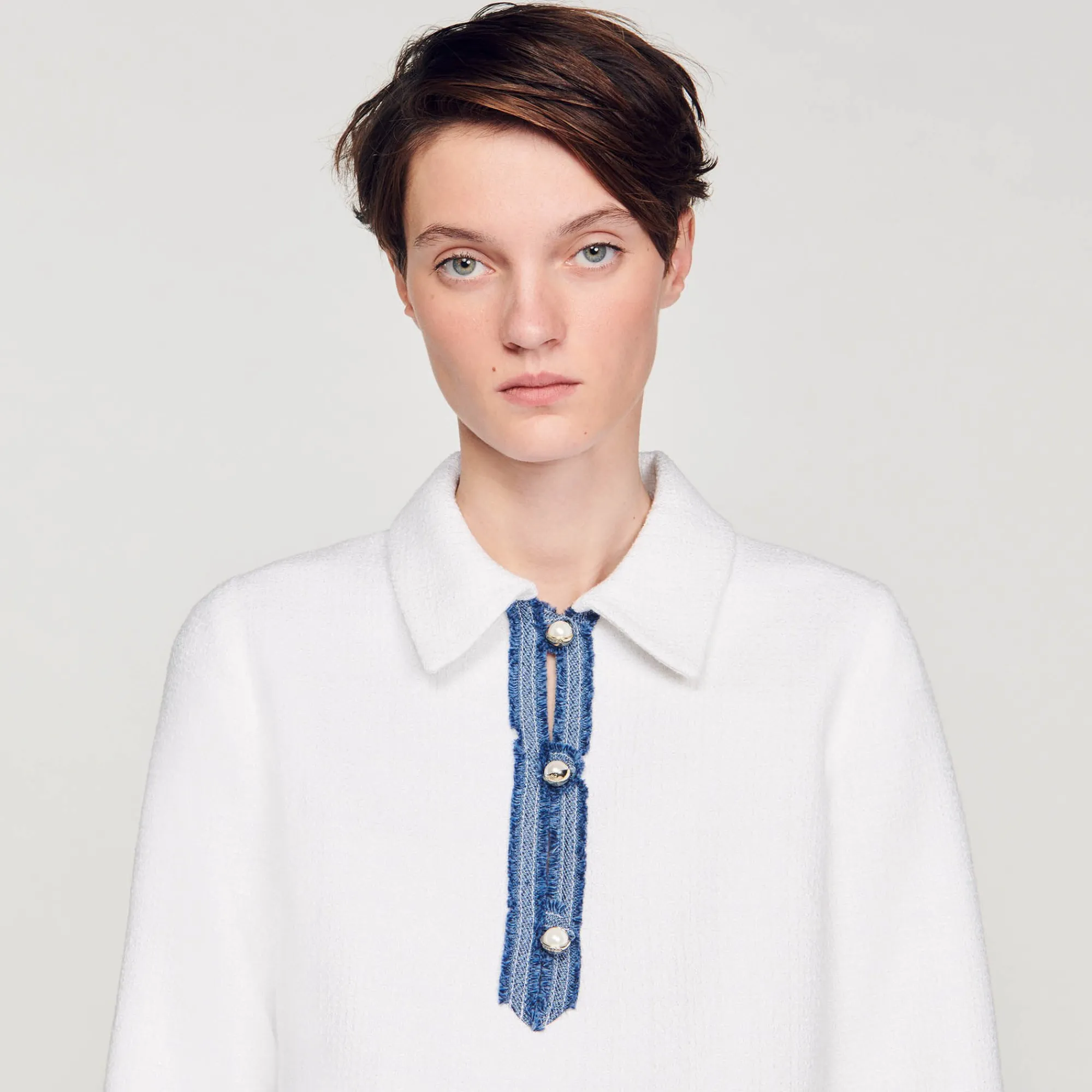 Robes*SANDRO Robe Courte En Tweed à Manches Longues blanc