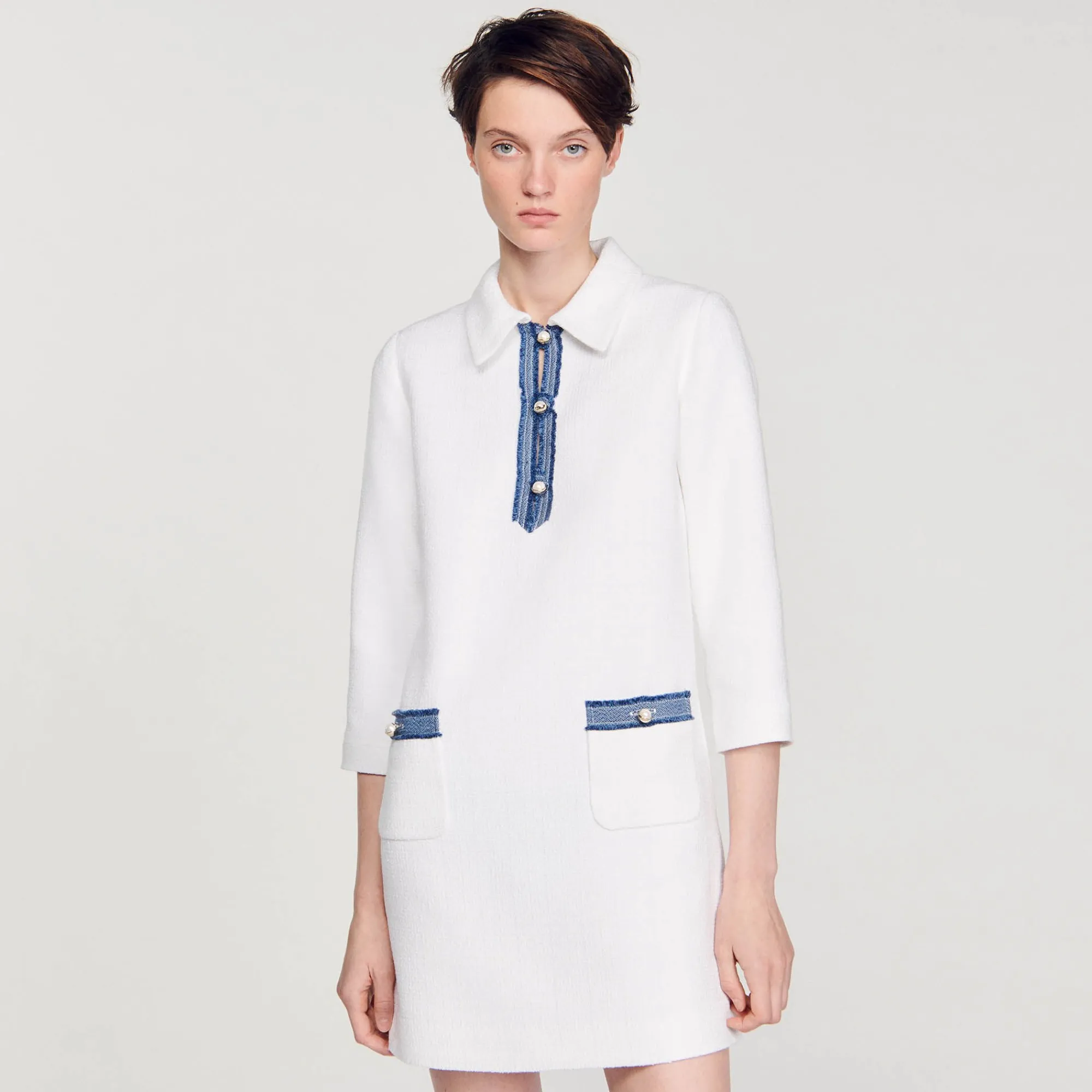 Robes*SANDRO Robe Courte En Tweed à Manches Longues blanc
