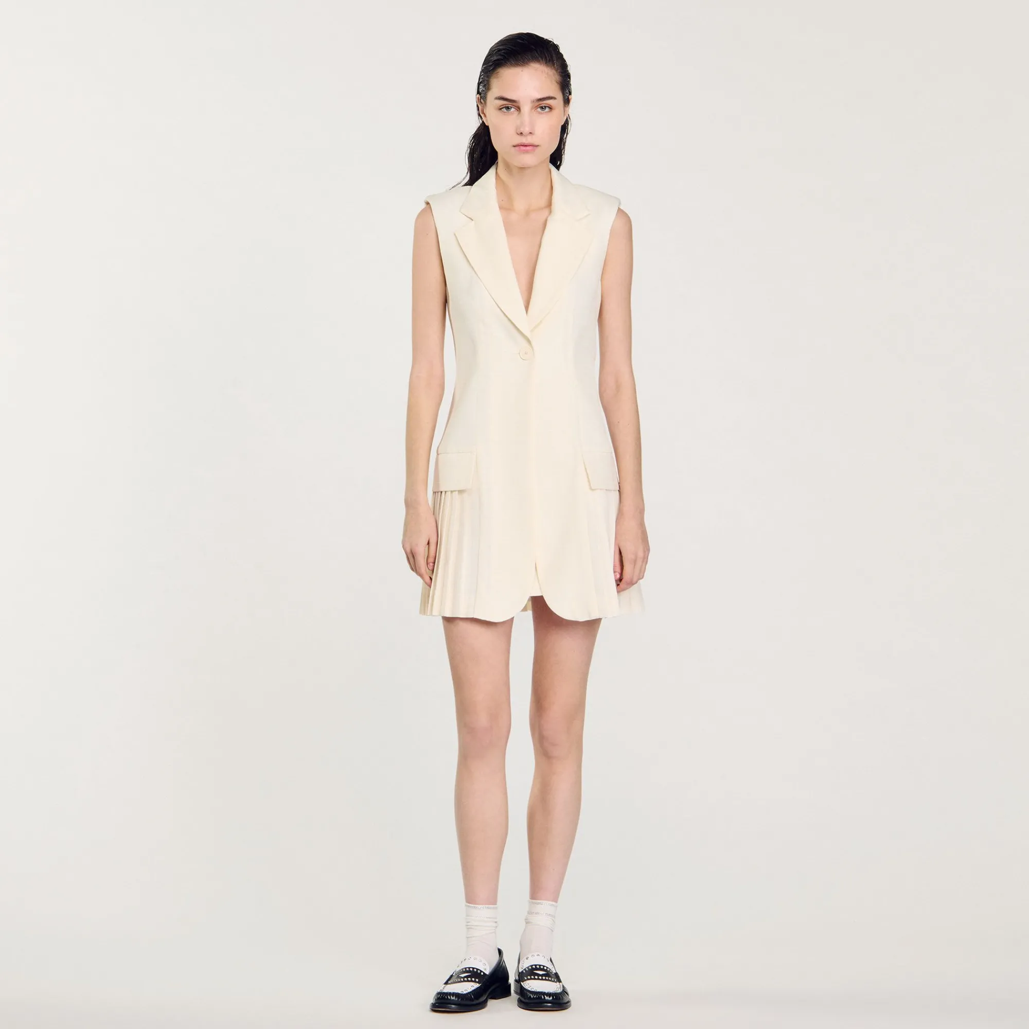 Robes*SANDRO Robe Courte Tailleur Plissée Ecru