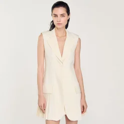 Robes*SANDRO Robe Courte Tailleur Plissée Ecru