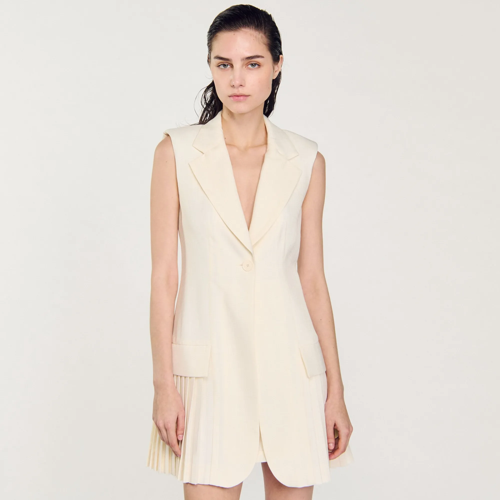 Robes*SANDRO Robe Courte Tailleur Plissée Ecru