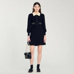 Robes*SANDRO Robe En Maille Plissée Noir / Ecru