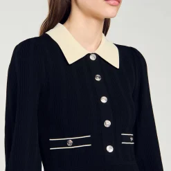 Robes*SANDRO Robe En Maille Plissée Noir / Ecru