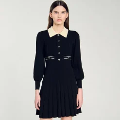 Robes*SANDRO Robe En Maille Plissée Noir / Ecru