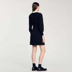 Robes*SANDRO Robe En Maille Plissée Noir / Ecru