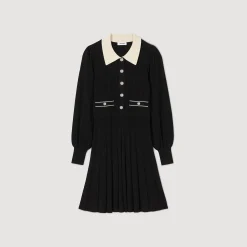Robes*SANDRO Robe En Maille Plissée Noir / Ecru