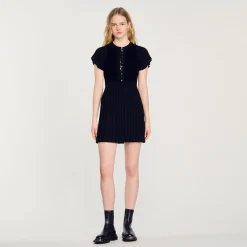 Robes*SANDRO Robe En Maille Plissée Noir