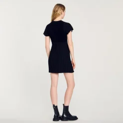 Robes*SANDRO Robe En Maille Plissée Noir