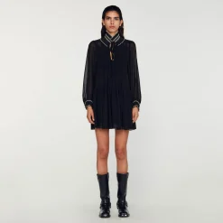 Robes*SANDRO Robe Fluide En Mousseline Noir