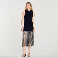 Robes*SANDRO Robe Frangée Noir / Ecru